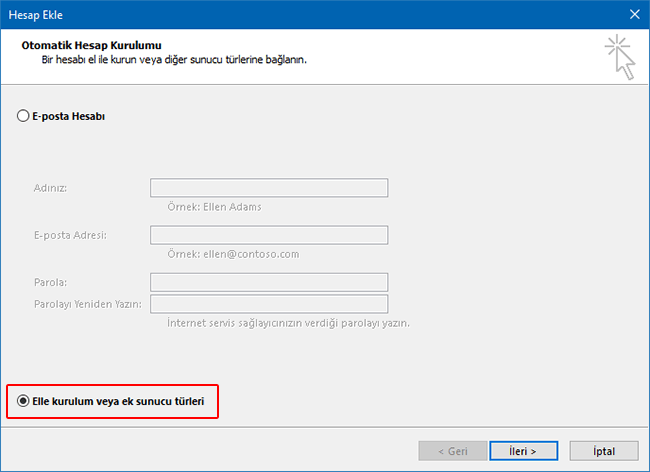 Outlook Elle Kurulum Seçeneği