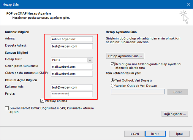 Outlook Hesap Bilgileri