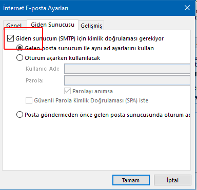 Outlook Giden Sunucu Ayarları