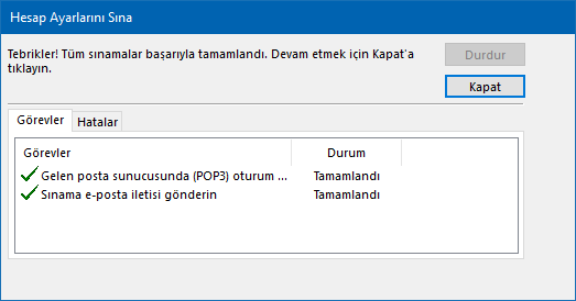 Outlook Test Sonuçları